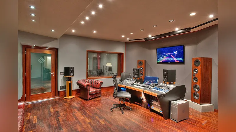An audio mixing desk with rows of equalizer sliders