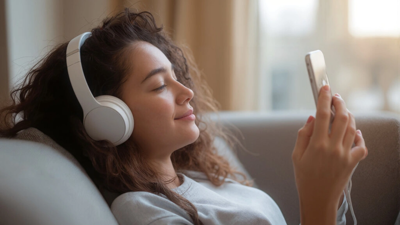 A woman relaxing on a sofa with headphones, holding a phone to choose music