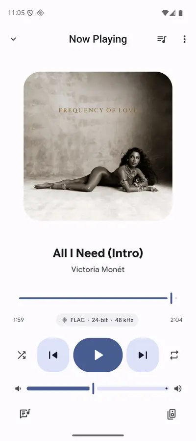 Mornye Now Playing screen showing the current track, a synced lyrics line and a hi-res badge